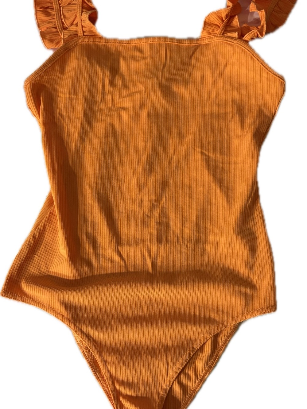 Sleeveless Ruffled Strap Ribbed Bodysuit in Pumpkin Orange